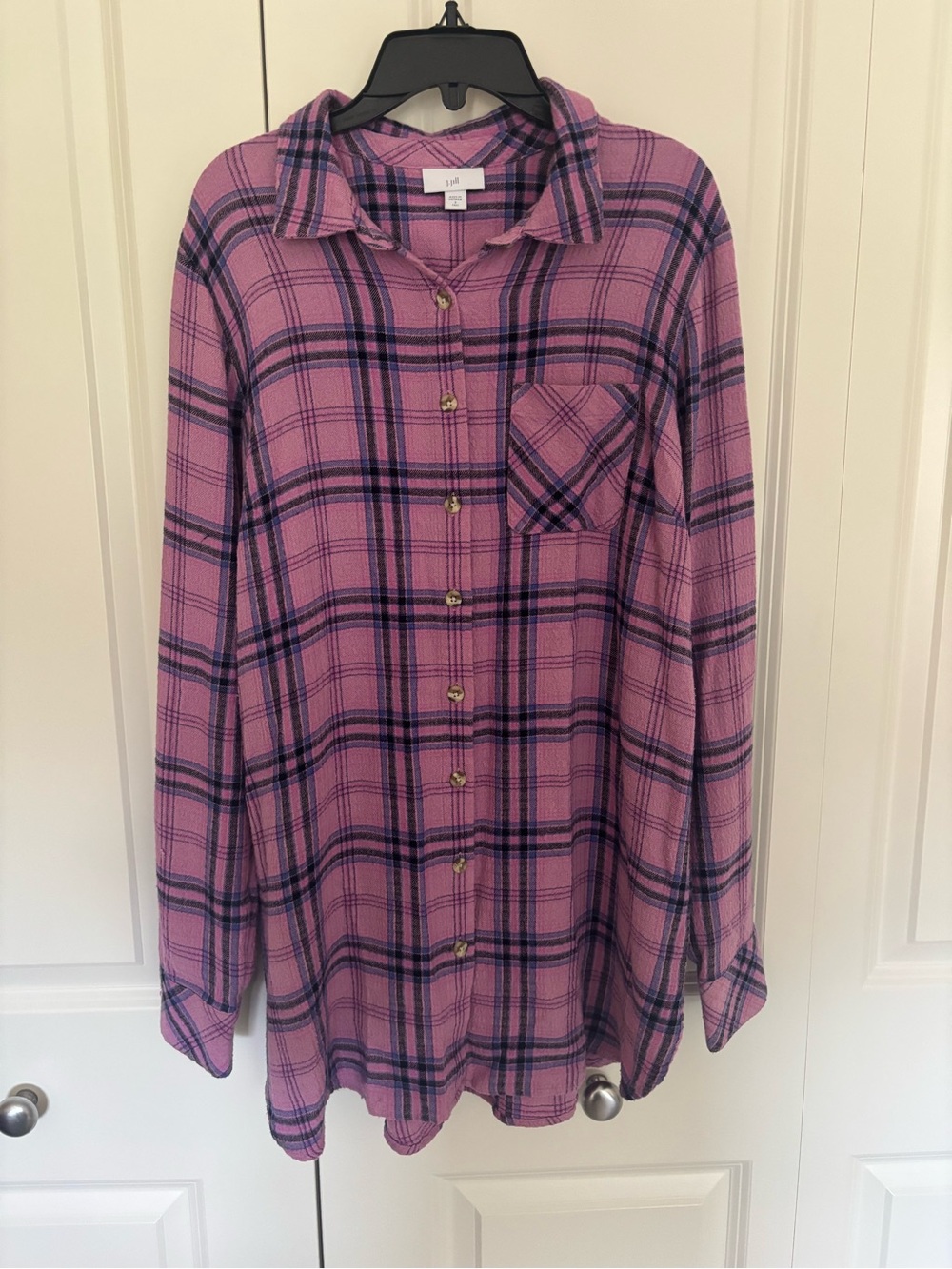 J. Jill Women's Crinkled Plaid Button-Front Tunic pink Size S tall.
